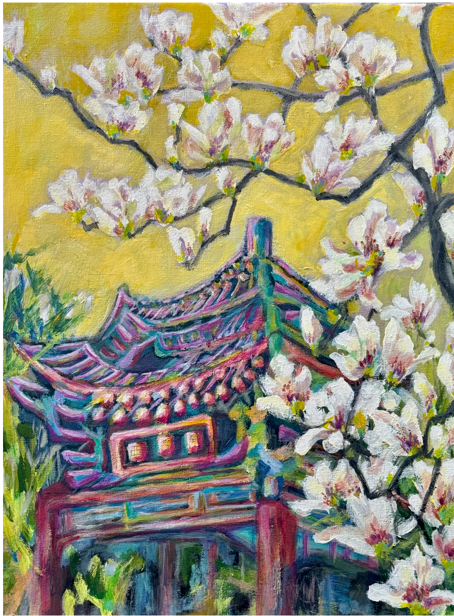 "Temple among Magnolias", Original Painting